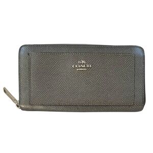 Coach Accordion Zip Around Wallet Gray Silver Metallic Pebble Leather